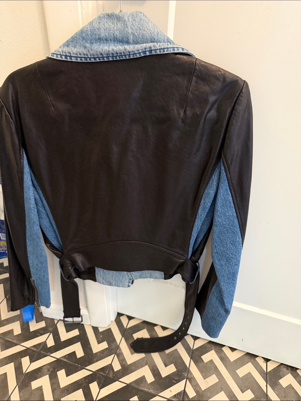 Black Leather Jacket with Light Blue Denim Accents - Picture 3 of 3
